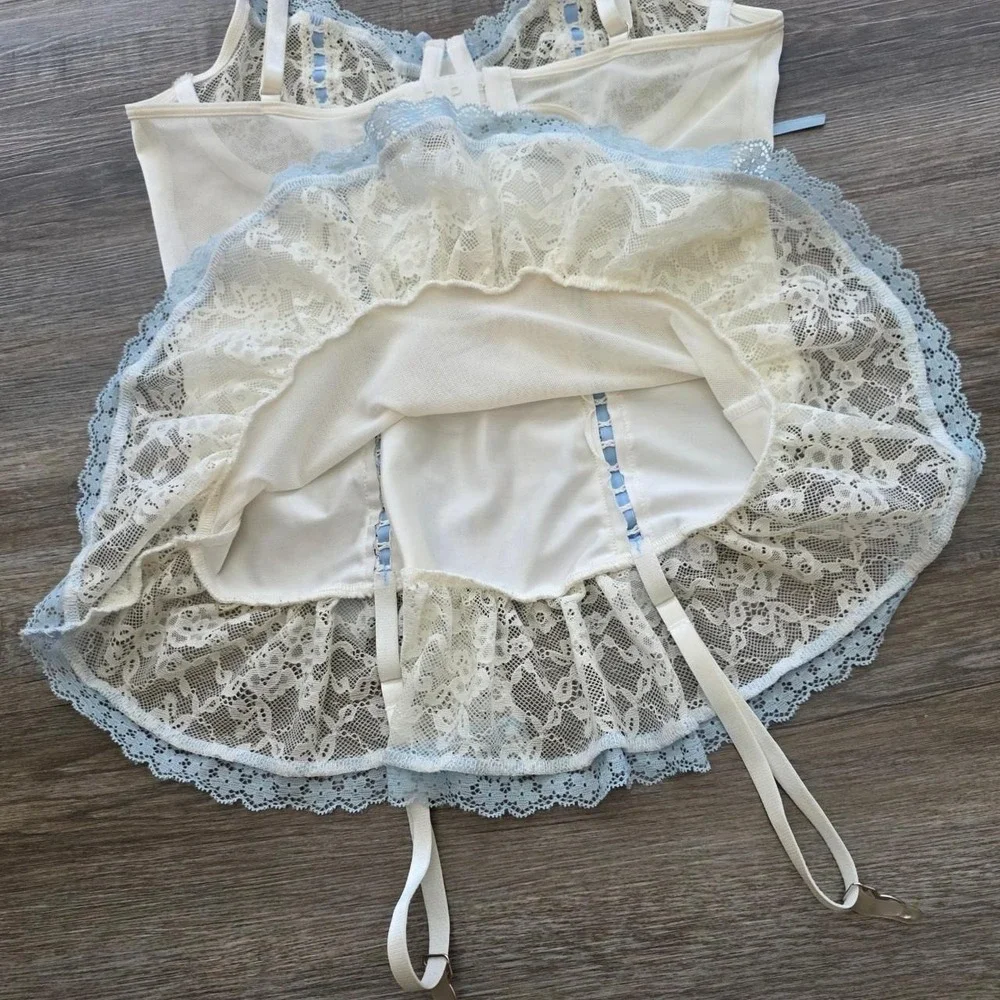 Vintage Unbranded Coquette Bustier Corset Top Blue Lace Ruffle Small